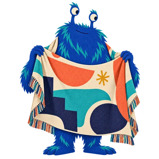 A relaxed cobalt-blue shaggy monster holding a woven throw with bold geometric artwork.