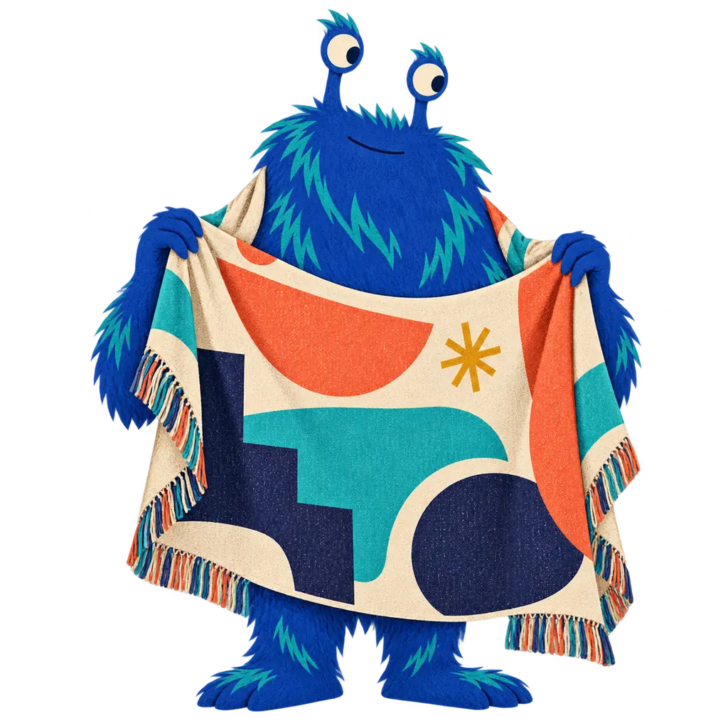 A relaxed cobalt-blue shaggy monster holding a woven throw with bold geometric artwork.