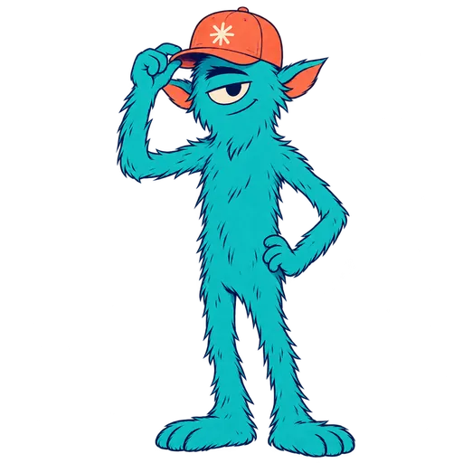 A confident turquoise cyclops in a coral embroidered cap, illustrated in a refined 2D editorial style.