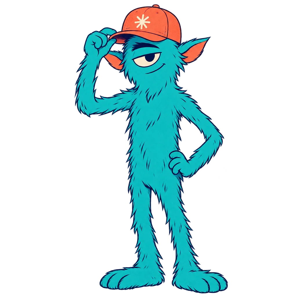 A confident turquoise cyclops in a coral embroidered cap, illustrated in a refined 2D editorial style.