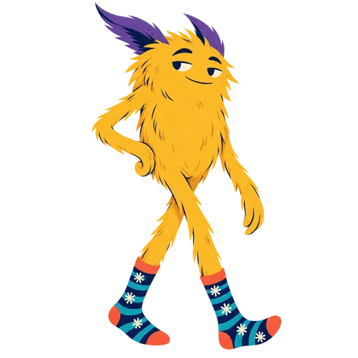 A golden-yellow long-legged monster wearing graphic indigo and turquoise crew socks, in a relaxed editorial pose.