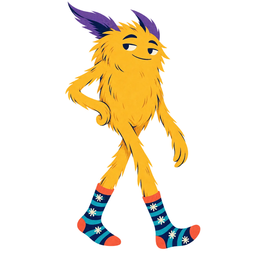 A golden-yellow long-legged monster wearing graphic indigo and turquoise crew socks, in a relaxed editorial pose.