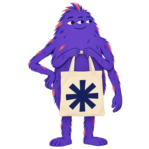 A composed violet three-eyed monster carrying a cream canvas tote with an abstract graphic mark.