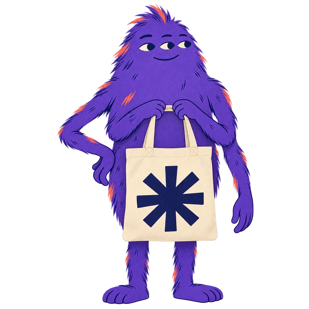A composed violet three-eyed monster carrying a cream canvas tote with an abstract graphic mark.