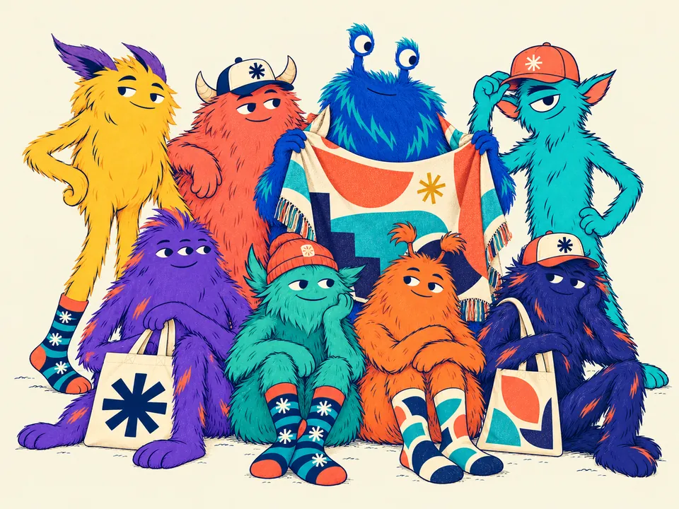 A creative collective of colorful monsters showing custom caps, canvas totes, graphic socks, and a geometric woven throw.